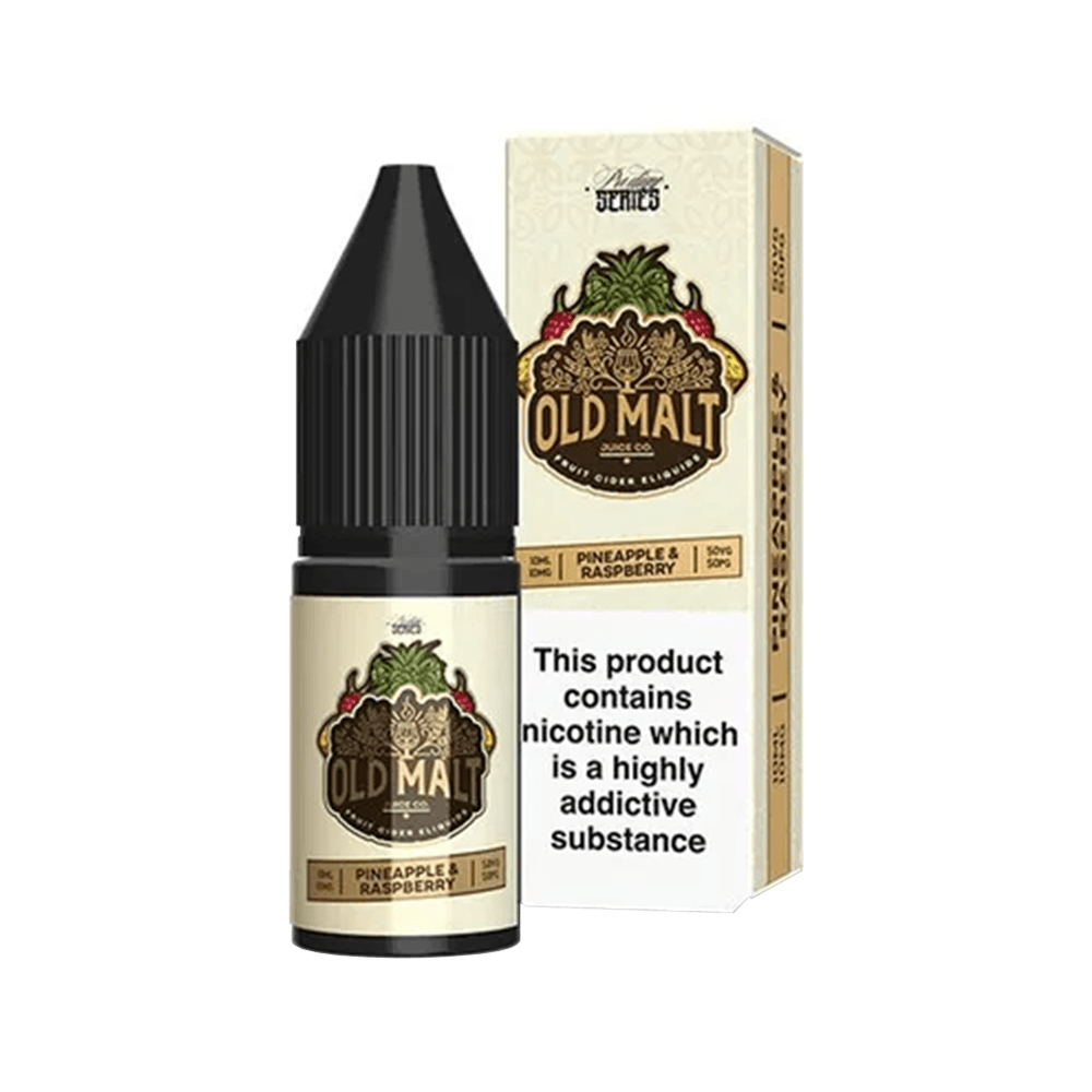 Old Malt Pineapple & Raspberry 10ml e-liquid bottle and box with nicotine warning.