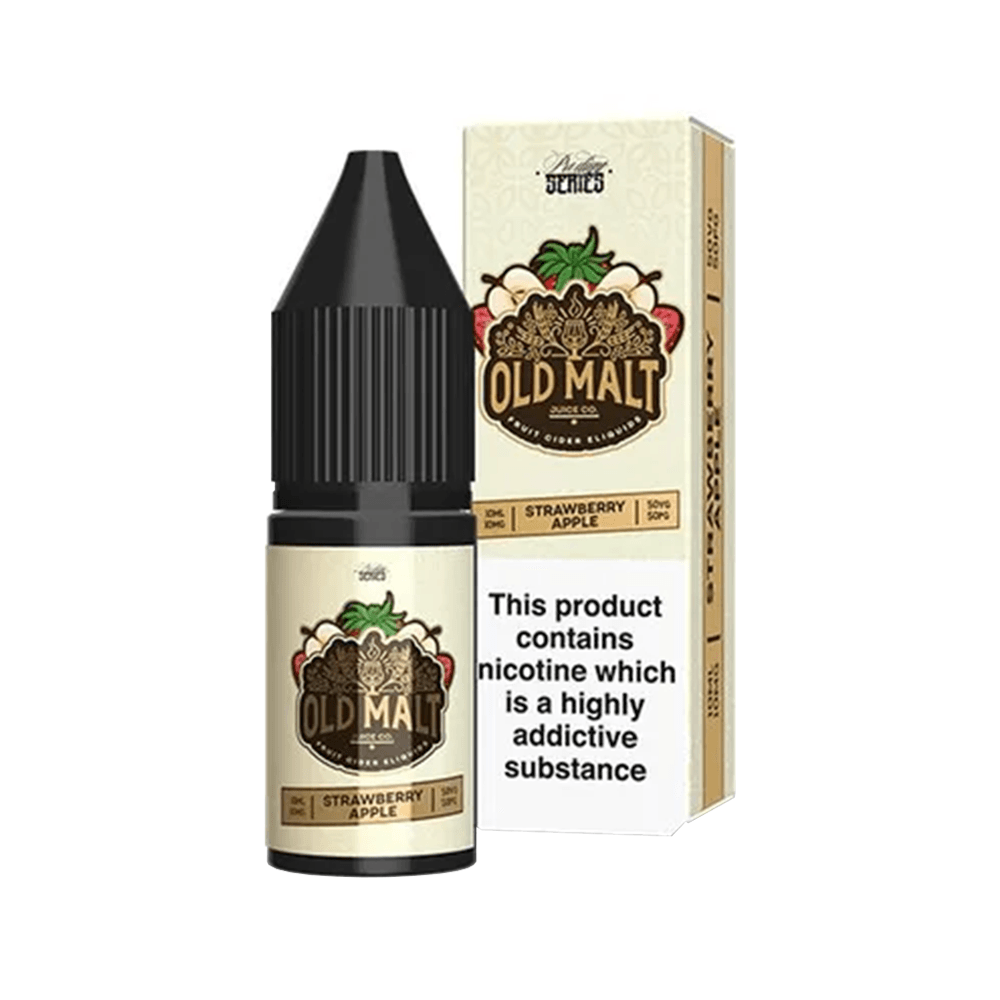 Old Malt 10ml Salts e-liquid bottle and box, Strawberry Apple flavour, with nicotine warning.