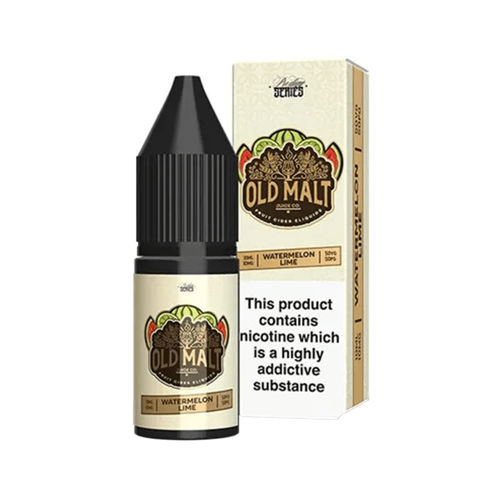 Old Malt Watermelon Lime 10ml e-liquid bottle and box with nicotine warning label.