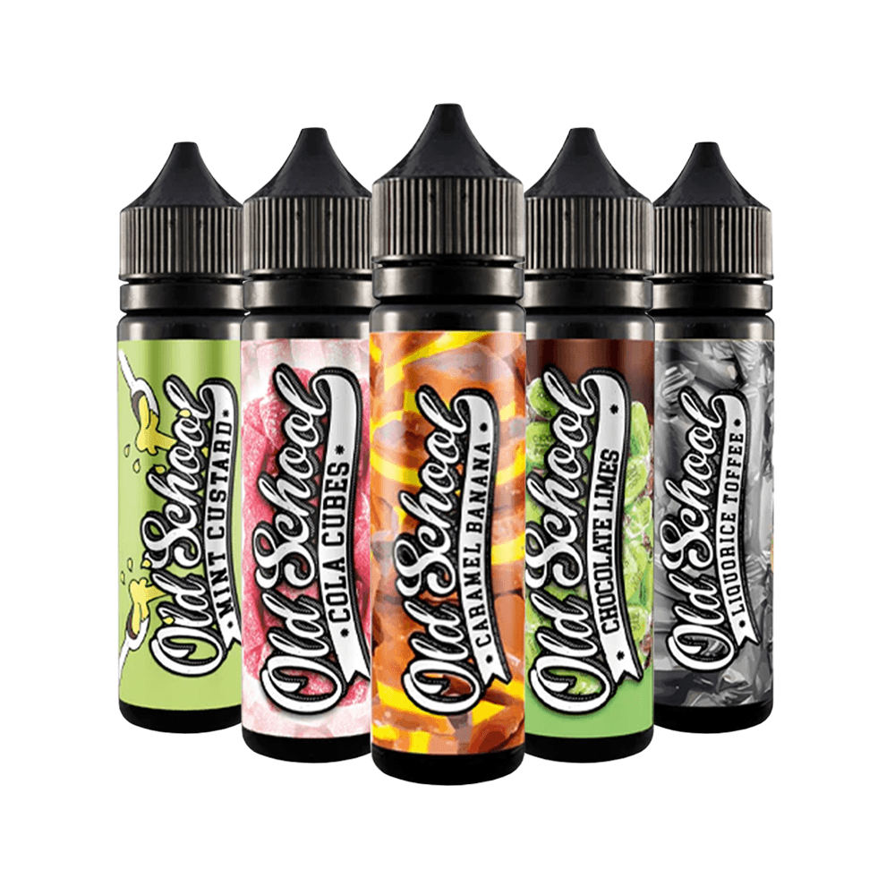 Five Old School vape juice bottles in various flavours, lined up in a row.