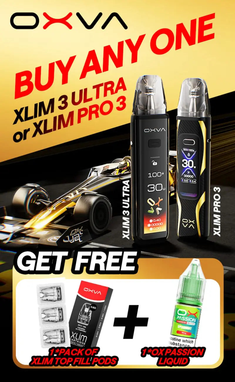 Shop OXVA and Buy Any One Xlim 3 Ultra or Xlim Pro 3 and Get a Free 1 pack of Xlim Top Fill Pods and 1 Ox Passion Liquid