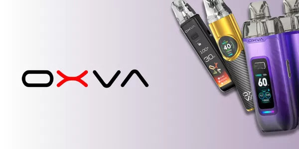 OXVA vape kits on a light purple background with the OXVA logo.