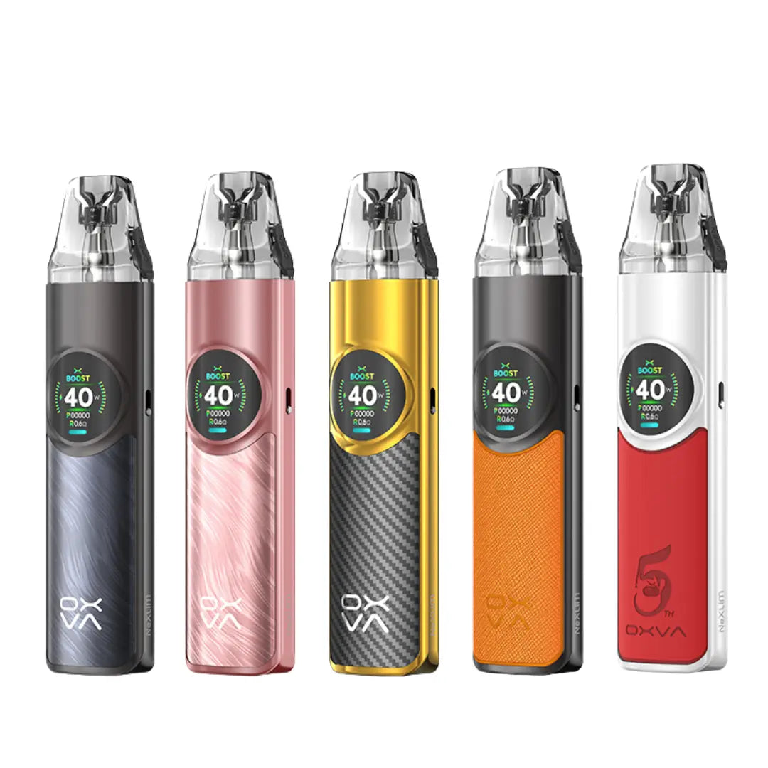 OXVA NeXlim Pod Vape Kit in a variety of colours, including Starry Blue, Rose Gold, Black Gold, Coral Orange, and Glory Red 