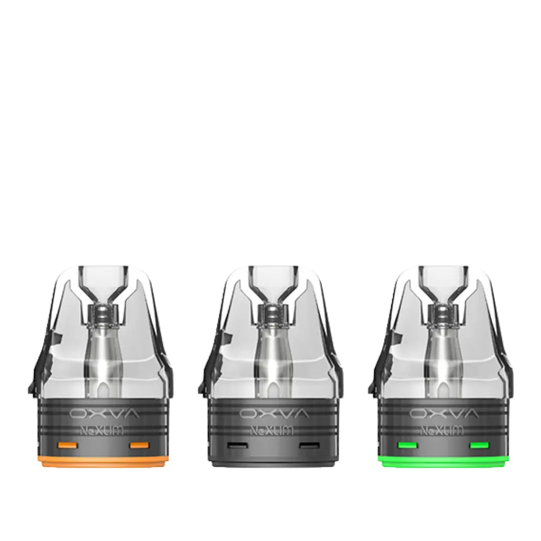 Image of three OXVA NeXlim Replacement Pod Cartridges featuring transparent tanks and colour-coded bases (orange 0.8ohm , Black 0.6ohm, and green 1.2ohm). Designed for the OXVA NeXlim Pod Vape Kit, showcasing a sleek and functional design for vaping enthusiasts.