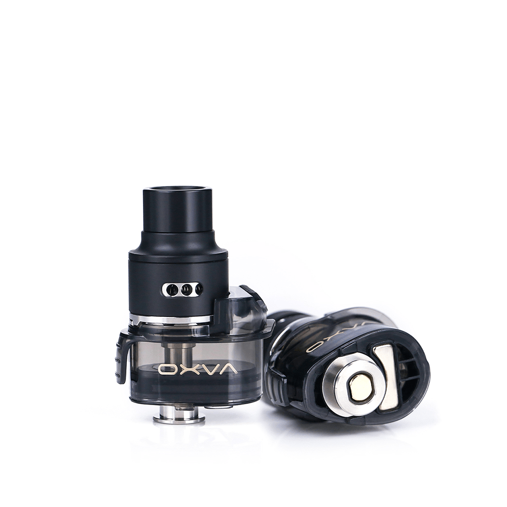 OXVA Origin X RBA tank, black and transparent design, displayed on a white background.