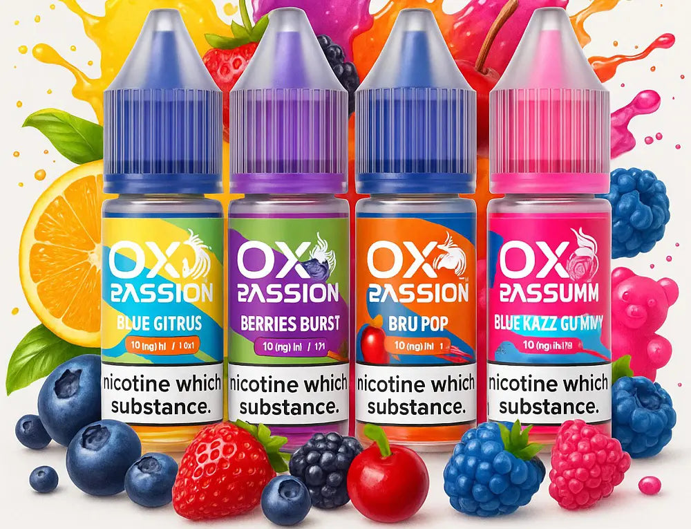 Four bottles of OX Passion fruit juices with colorful labels and fruit graphics.