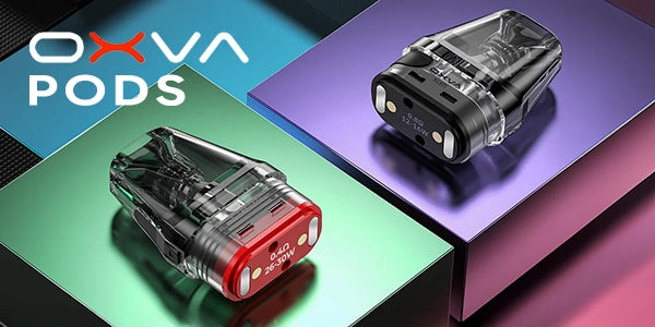 OXVA pods branding banner featuring two refillable replacement cartridges placed on iridescent square pedestals, showcasing a red-based 0.4 ohm pod (26-30W) on a green surface and a black-based 0.8 ohm pod (12-16W) on a purple surface beneath the large white and red official OXVA logo.