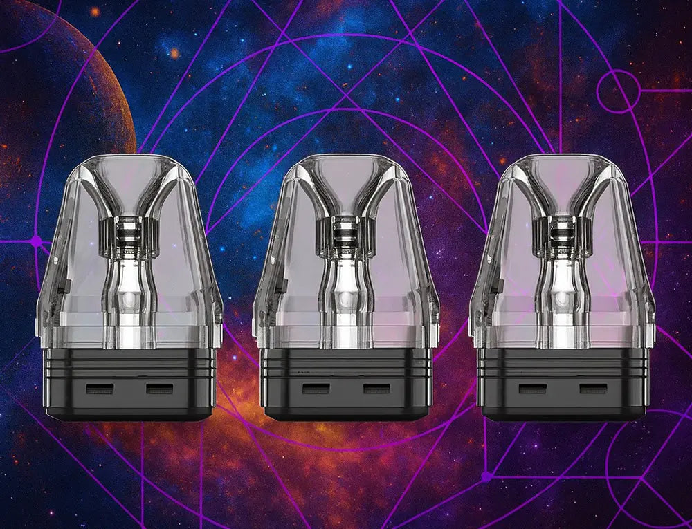 Three transparent Ovxa vape pods with black bases on a cosmic background
