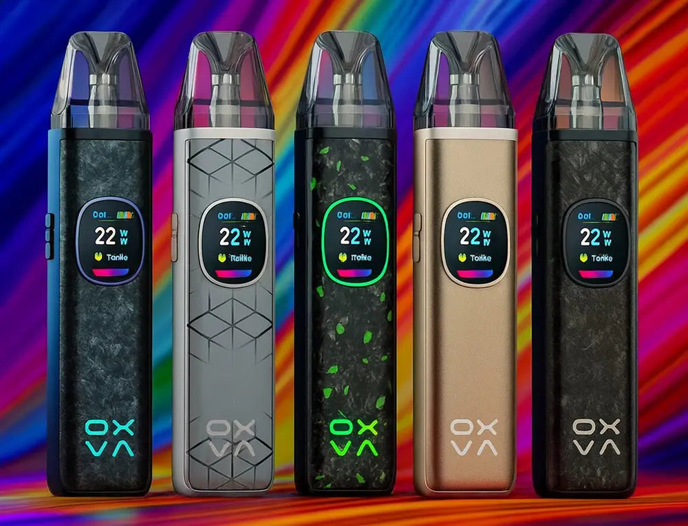 Five OXVA Xlim DNA vape kits displayed against a colorful, swirled background.