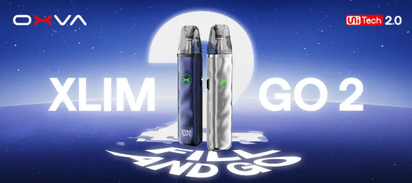 OXVA Xlim Go 2 pod kit in dark blue and silver with UniTech 2.0 coil technology, shown as a compact starter device.