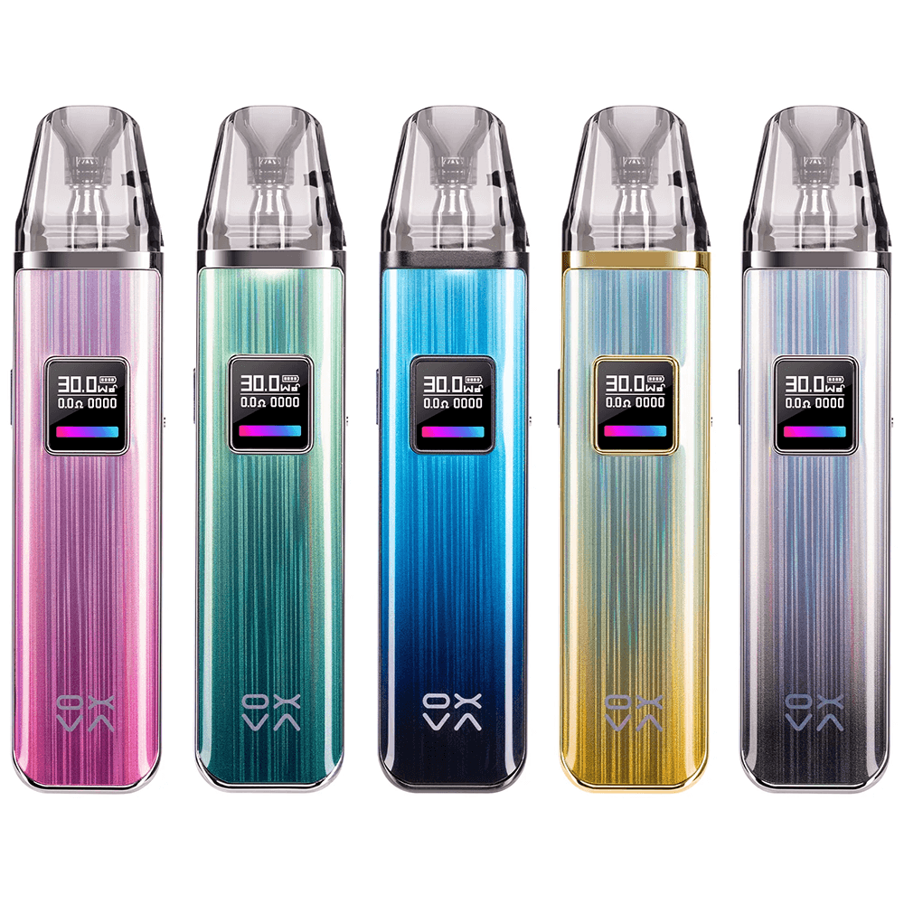 Five colourful Oxva Xlim Pro Pod Kits with digital displays.