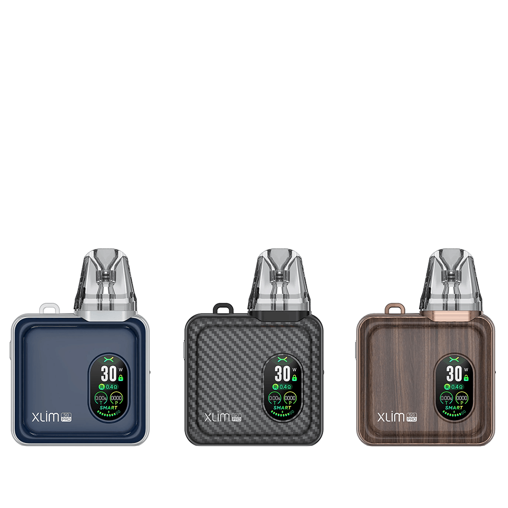 Three Oxva Xlim SQ Pro Pod Kits in blue, carbon, and wood finishes with display screens.