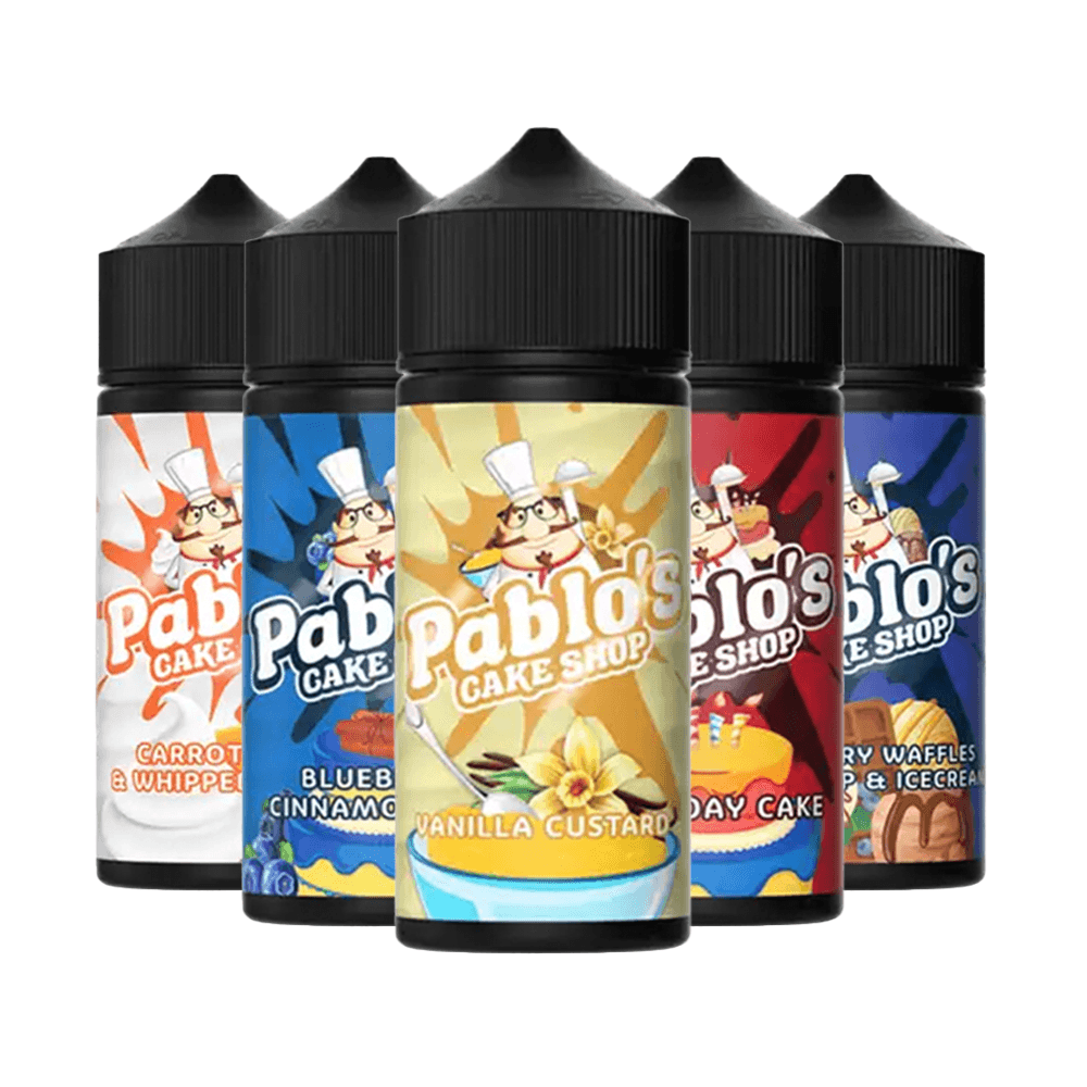 Five Pablo's Cake Shop e-liquid bottles: Vanilla Custard, Carrot Cake, Blueberry, Birthday Cake, Waffle.