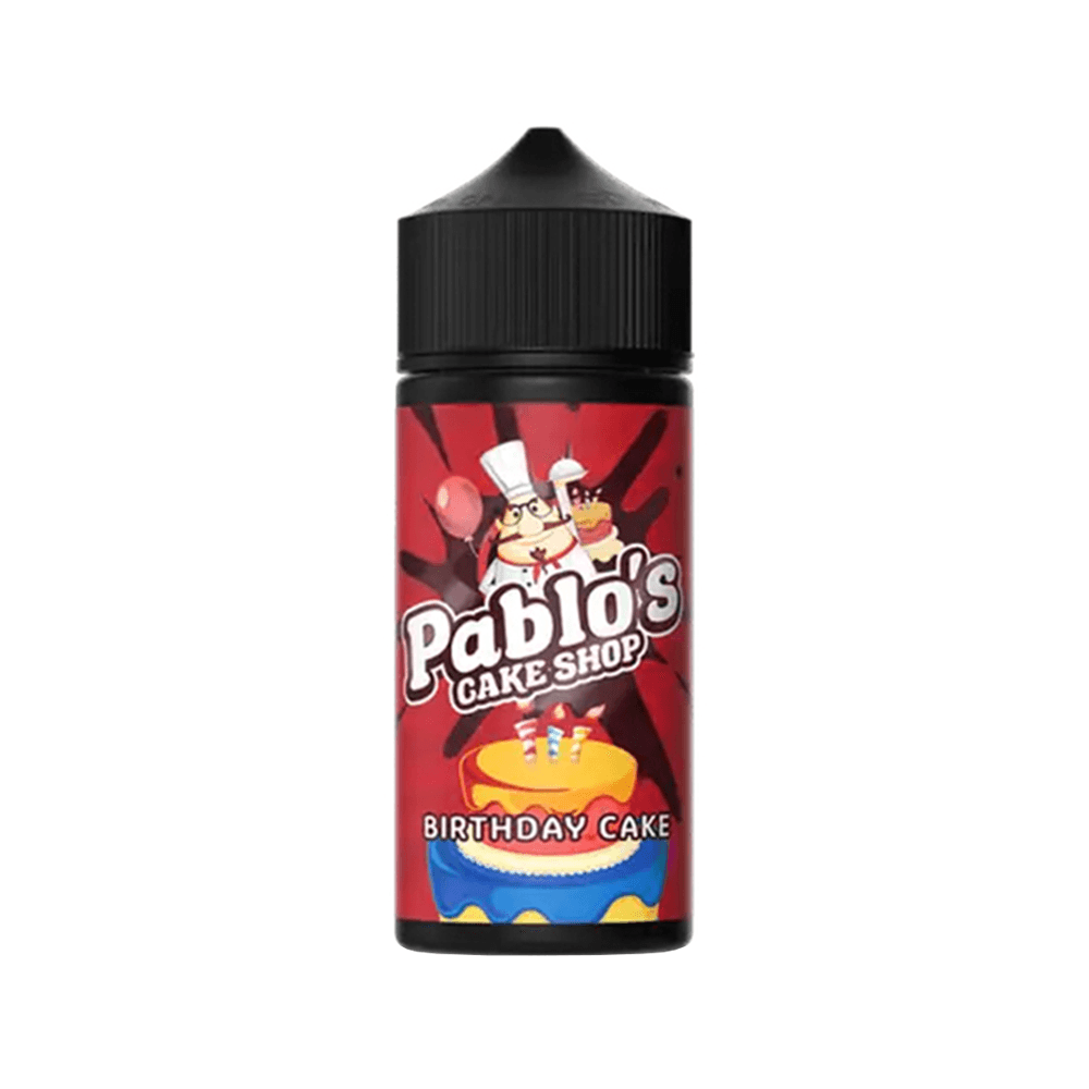 Pablo's Cake Shop Birthday Cake e-liquid bottle with colourful cake design.