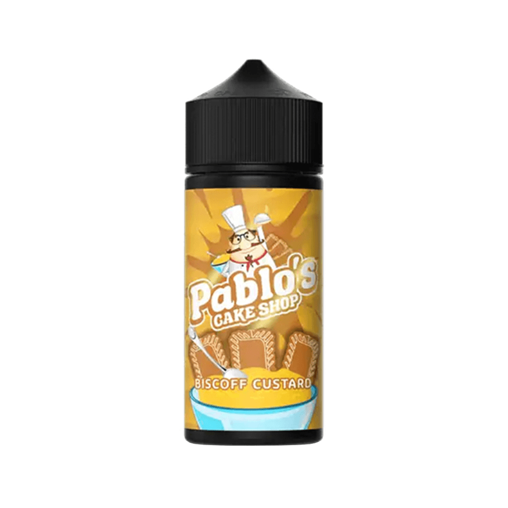 Pablo's Cake Shop Biscoff Custard 100ml shortfill bottle with a yellow label and black cap.