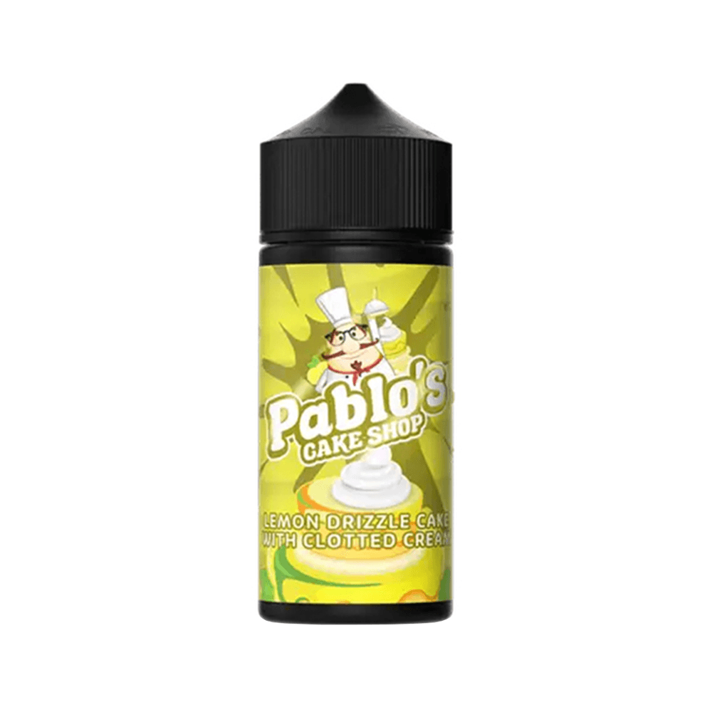 Pablo's Cake Shop Lemon Drizzle Cake e-liquid bottle with a vibrant yellow label.