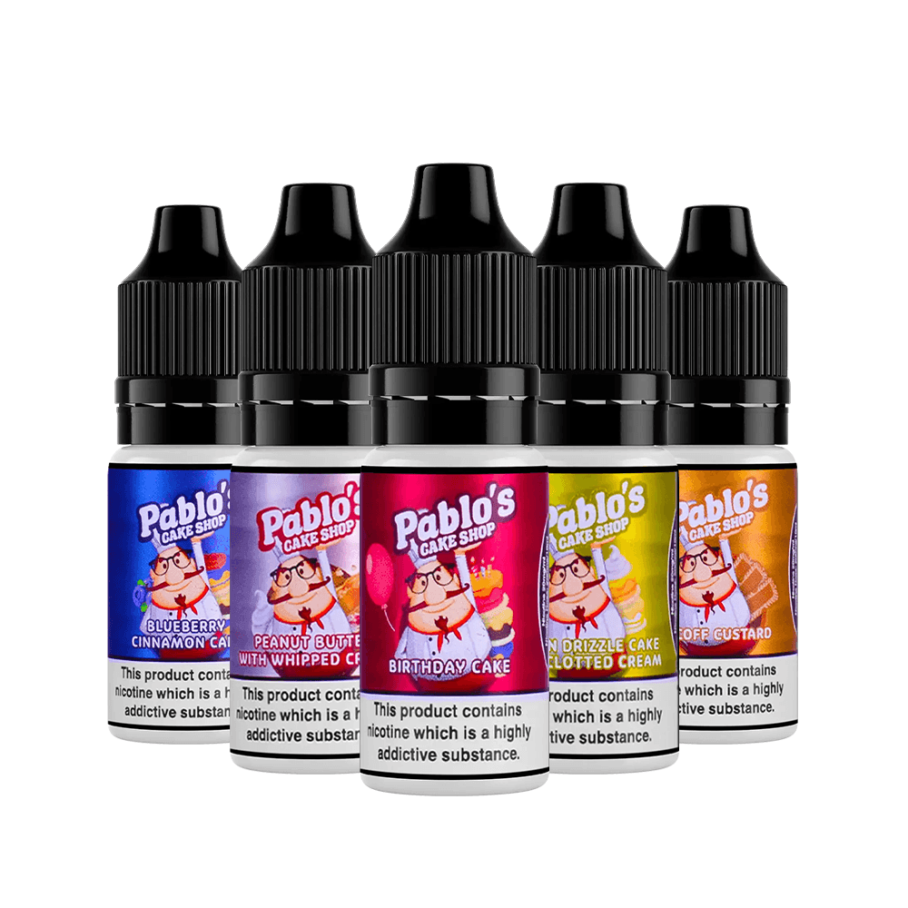 Five Pablo's Cake Shop e-liquid bottles, flavours include Blueberry Cinnamon and Peanut Butter.