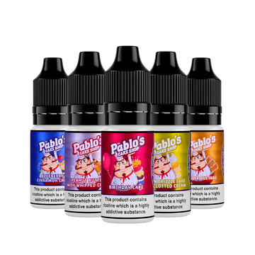 Five Pablo's Cake Shop e-liquid bottles, flavours include Blueberry Cinnamon and Peanut Butter.