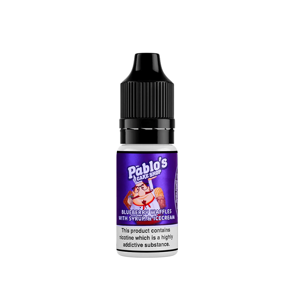 Pablo's Cake Shop 10ml vape juice bottle, Blueberry Waffles flavour, with nicotine warning.