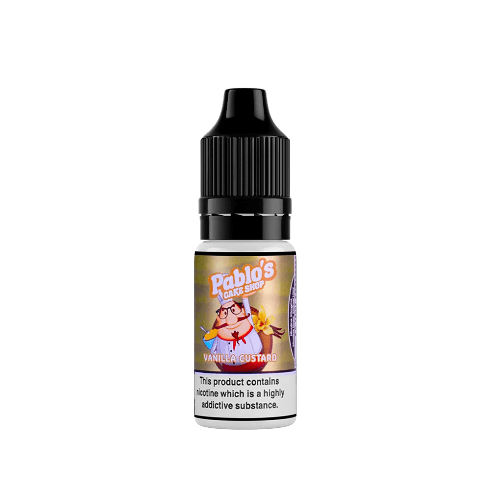 Pablo's Cake Shop Vanilla Custard 10ml vape juice bottle with a cartoon chef on the label.