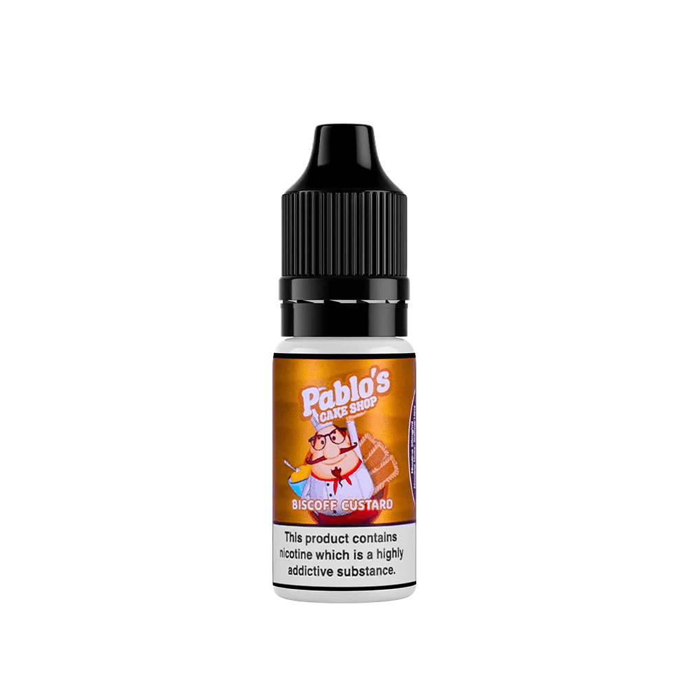 Pablo's Cake Shop Biscoff Custard 10ml vape juice bottle with safety warning.