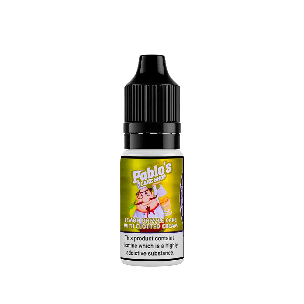 Pablo's Cake Shop lemon drizzle vape juice bottle with a nicotine warning label.