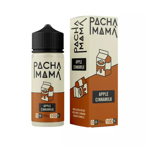 Pacha Mama Apple Cinnamilk 100ml vape juice bottle and packaging on a white background
