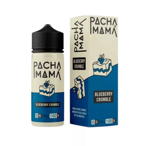Pacha Mama Blueberry Crumble 100ml vape juice bottle and packaging on a white background