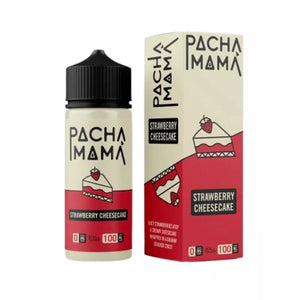 Pacha Mama Strawberry Cheesecake 100ml vape juice bottle and packaging on a white background