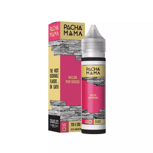 Pacha Mama Melon Pop Rocks vape juice bottle and packaging on a white background