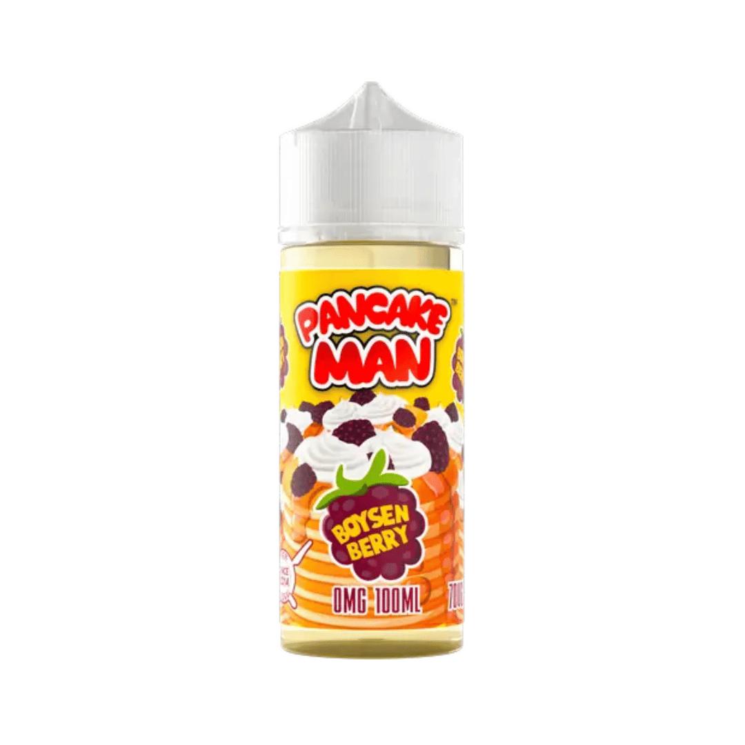 Pancake Man Boysenberry 100ml e-liquid bottle with vibrant berry and pancake design.