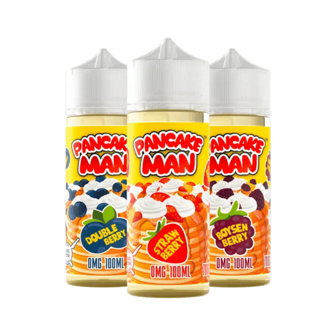 Three Pancake Man 100ml e-liquid bottles: Double Berry, Straw Berry, and Boysen Berry flavours.