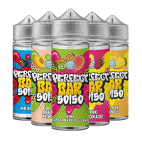 Five colourful vape juice bottles with fruit designs and bold "Perfect Bar 50/50" branding.