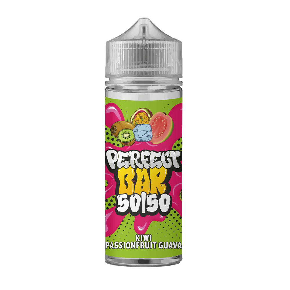 Perfect Bar 50:50 Kiwi Passionfruit Guava vape juice bottle with vibrant fruit graphics.