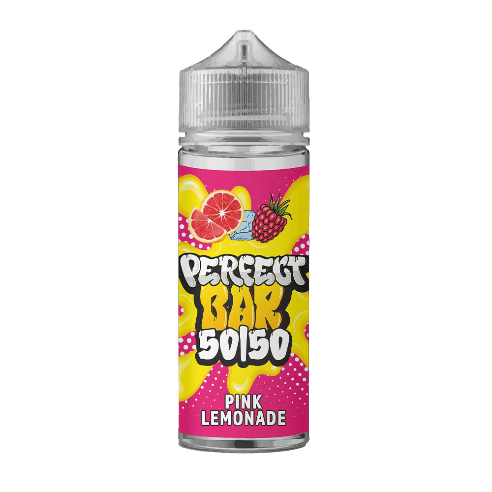 E-liquid bottle with pink lemonade flavour, vibrant design, and fruity graphics.