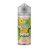 Vape juice bottle labelled "Perfect Bar 5050 Apple Peach" with fruit graphics.