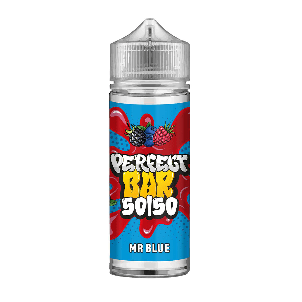 Vape juice bottle with a vibrant blue label, featuring berries and "Perfect Bar 50:50 Mr Blue."