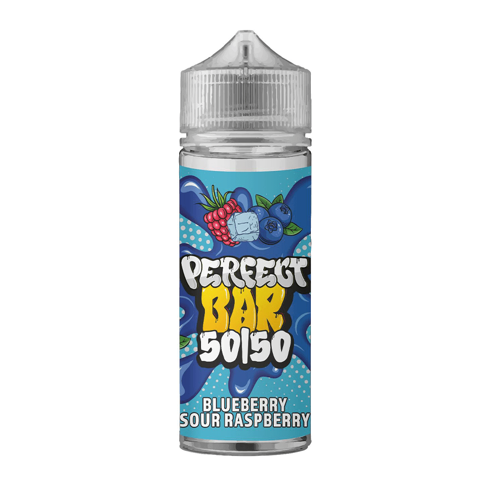 Vape juice bottle with blueberry sour raspberry flavour, labelled "Perfect Bar 50:50".