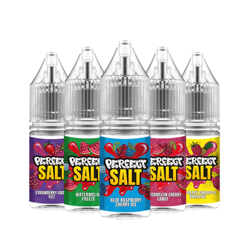 Five Perfect Salt vape juice bottles in various fruity flavours.