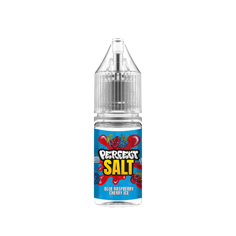 Perfect Salt 10ml vape juice bottle, Blue Raspberry Cherry Ice flavour, with a colourful label.