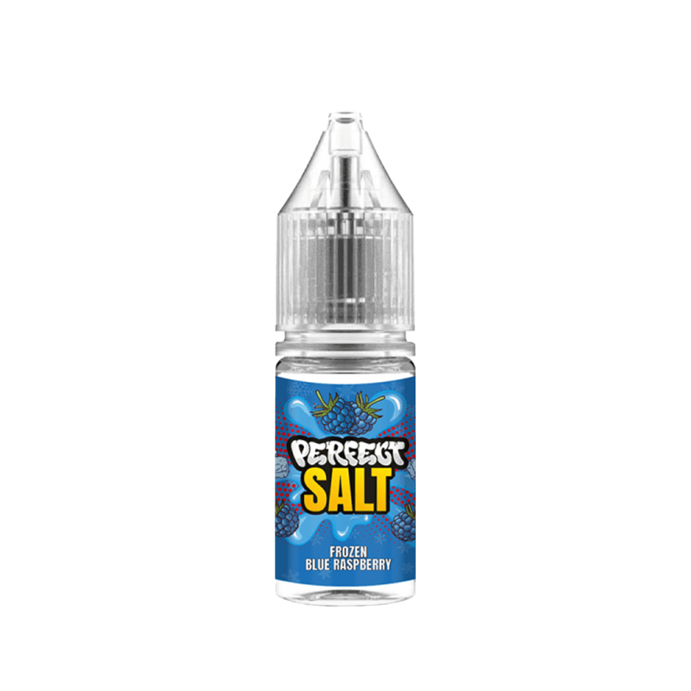 Perfect Salt Frozen Blue Raspberry vape juice bottle, 10ml, with a vibrant blue label.