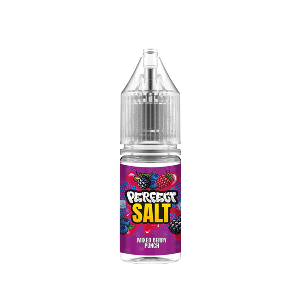 Bottle of Perfect Salt e-liquid, Mixed Berry Punch flavour, 10ml, colourful label.