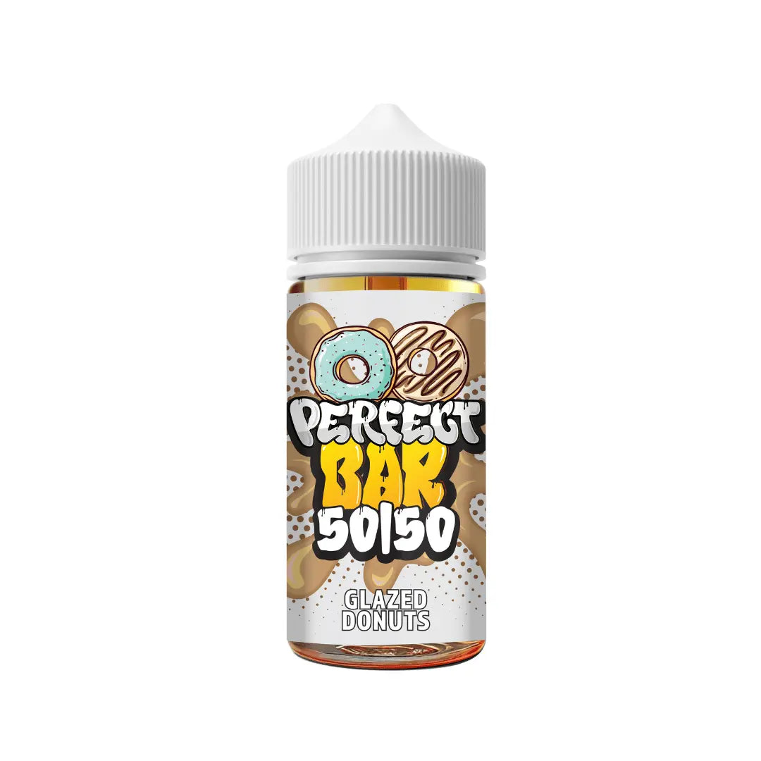 Perfect Vape 50/50 Bar Glazed Donuts e-liquid bottle with doughnut-themed label.