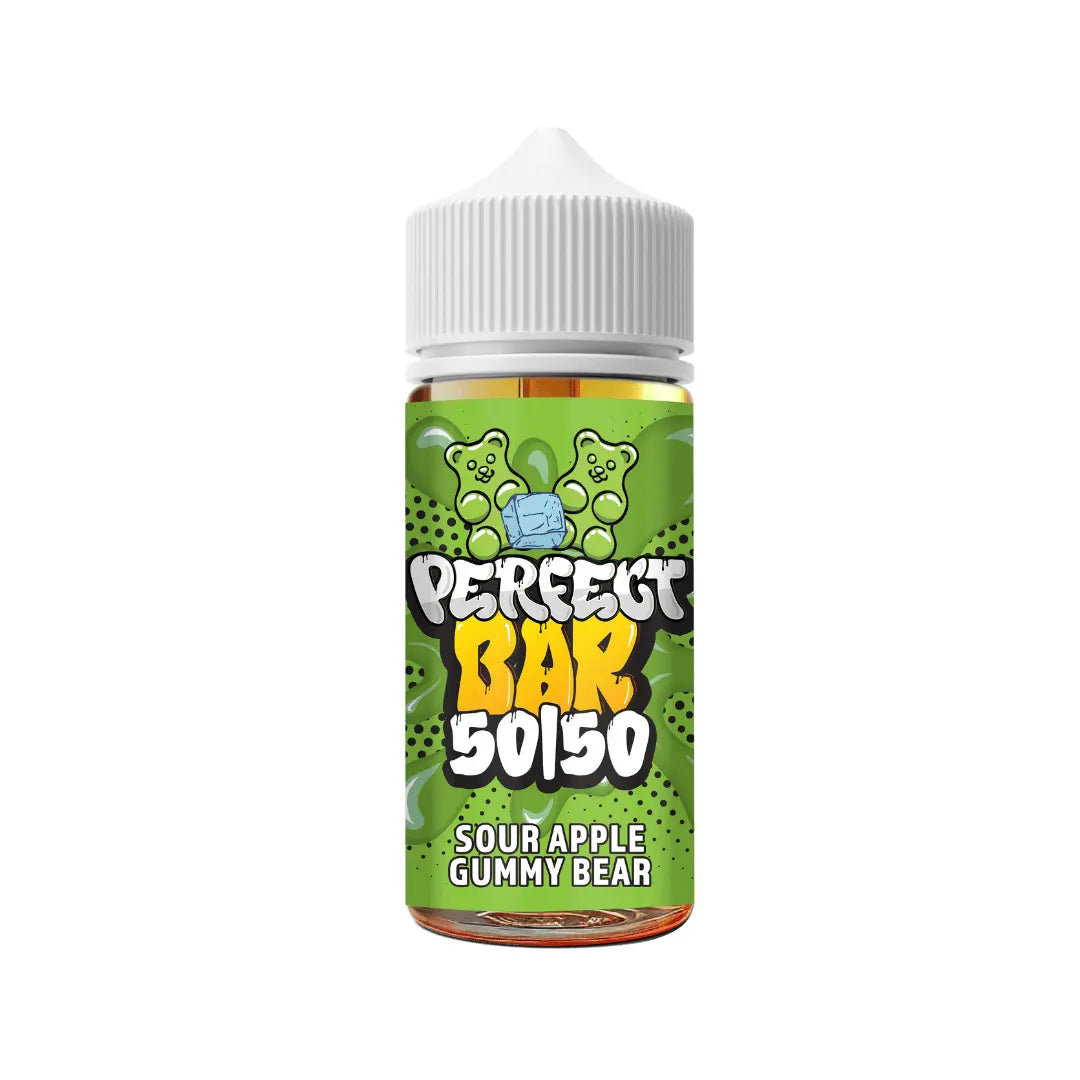 Perfect Vape 50/50 Bar e-liquid bottle, Sour Apple Gummy Bear flavour, with green gummy bears.