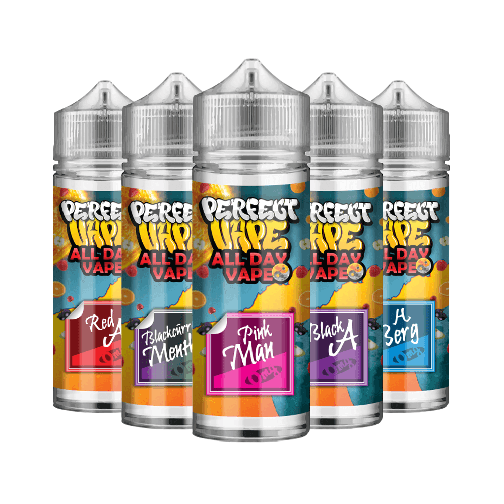 Perfect Vape All Day Vape 100ml vape juice in red a, blackcurrant menthol, pink man, black a, and h berg flavours.