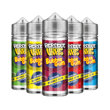 Five bottles of Perfect Vape bubblegum e-liquid in various flavours.