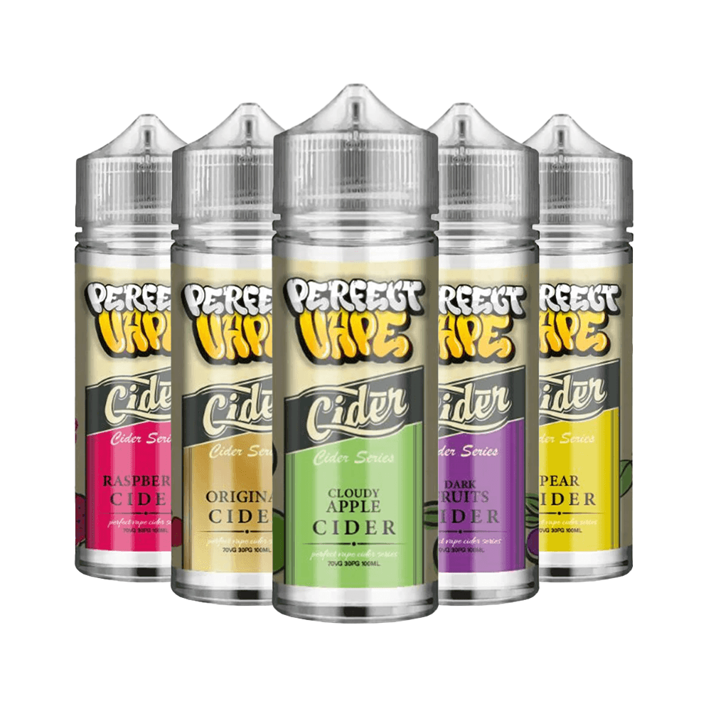 Five Perfect Vape cider-flavoured e-liquid bottles in various fruity flavours.