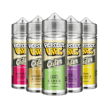 Five Perfect Vape cider-flavoured e-liquid bottles in various fruity flavours.