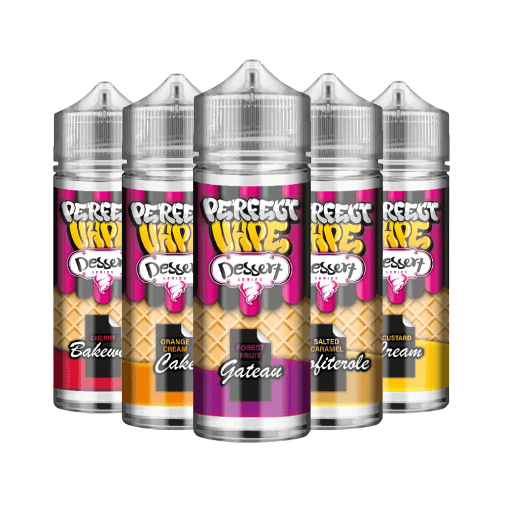 Five bottles of Perfect Vape Dessert e-liquid in various dessert flavours.