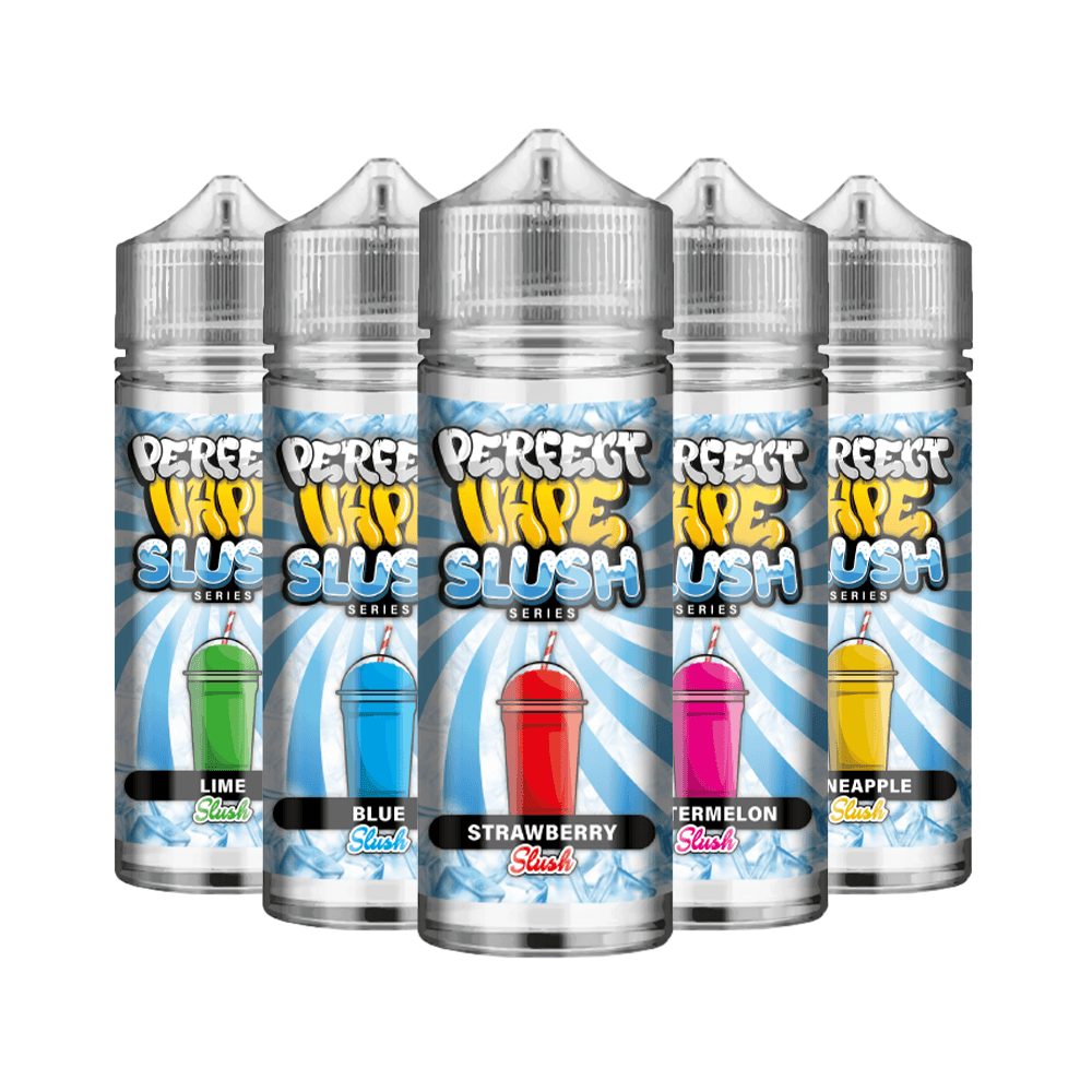 Five Perfect Vape Slush 100ml bottles in flavours: Lime, Blue, Strawberry, Watermelon, Pineapple.